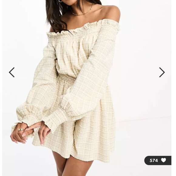 Little Mistress bardot romper in neutral check - Picture 1 of 4